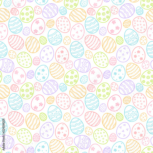Decorated eggs as a symbol of the great Easter. Seamless pattern in doodle style. Color hand drawn vector illustration