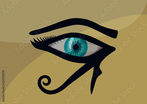 The Eye of Ra, egyptian symbol with turquoise green colored eye of a godess woman on beige background