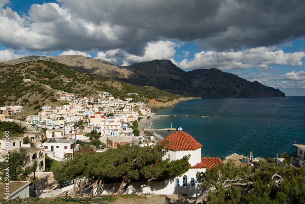 view of the east coast and the village of Diafani in the island of Karpathos in Greece