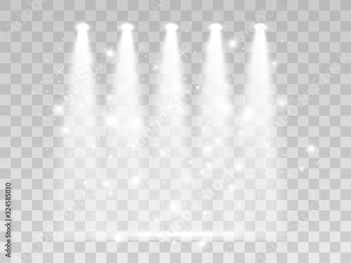 Scene for the award ceremony. Pedestal. Floodlight. Vector illustration. Podium in the light in the stars.	