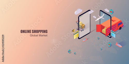 Online shopping on mobile application. Global market. Digital marketing. Global logistics network isometric. Online delivery service concept. Secure online shopping. Vector illustration.