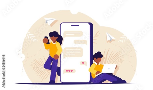 Online chat concept. People communicate on social media or messengers. Modern communication on the Internet. Immersion in virtual reality. Modern flat vector iluustration.