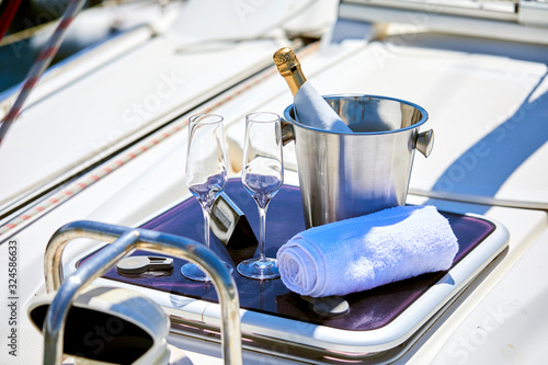 Photography Romantic luxury evening on cruise yacht with champagne setting