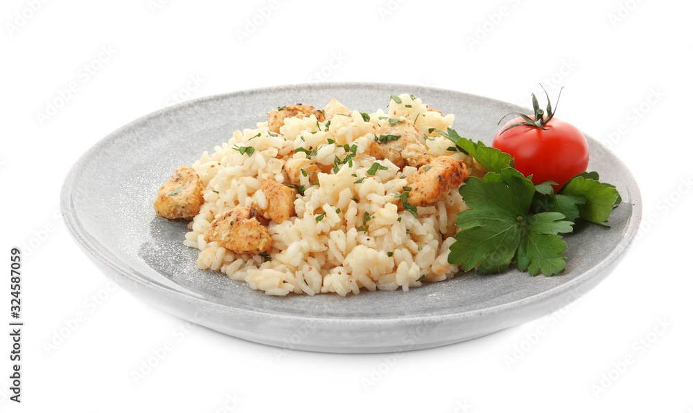 Delicious risotto with chicken isolated on white