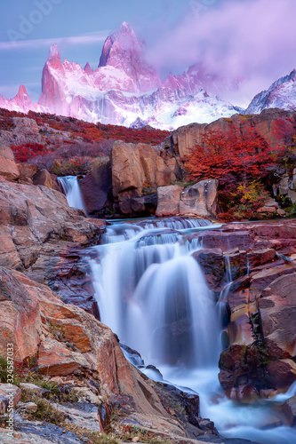 View of the waterfall and the Mount Fitz Roy at sunrise, Los Glaciares National Park, Andes, Patagonia, Argentina