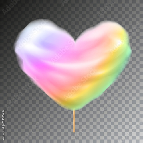 Rainbow colored heart shape cotton candy on stick vector with transparency.