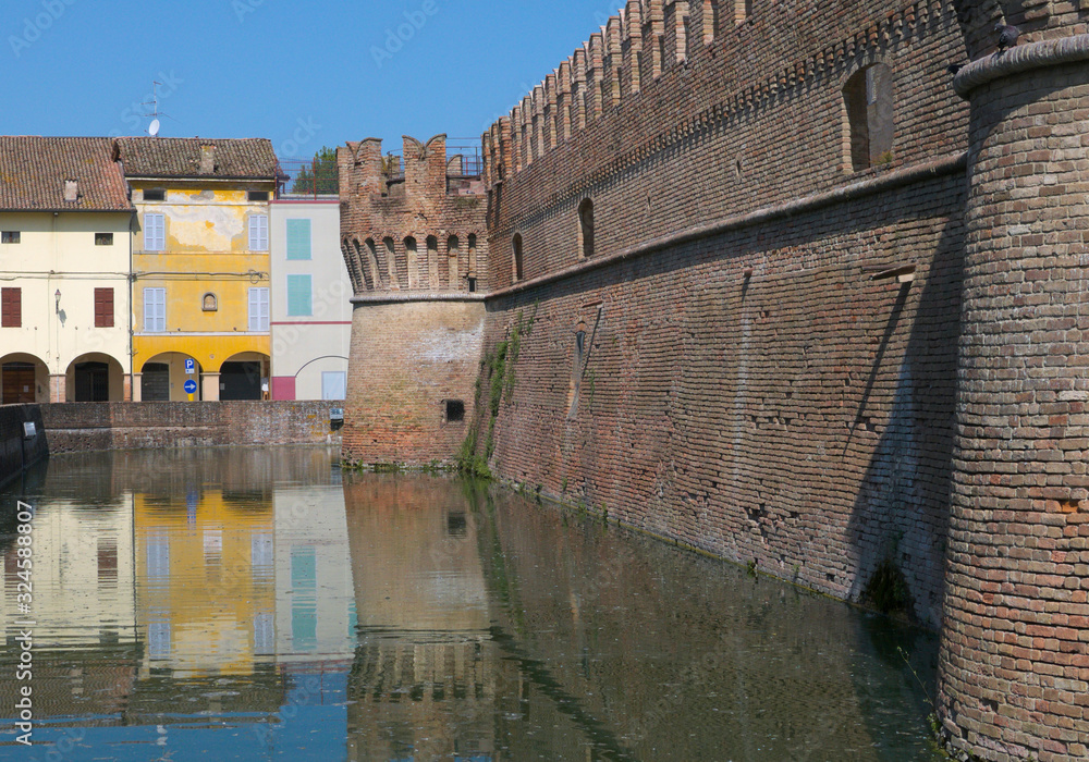  Rocca Sanvitale castle and moat in the town of Fontanellato near Parma, Italy