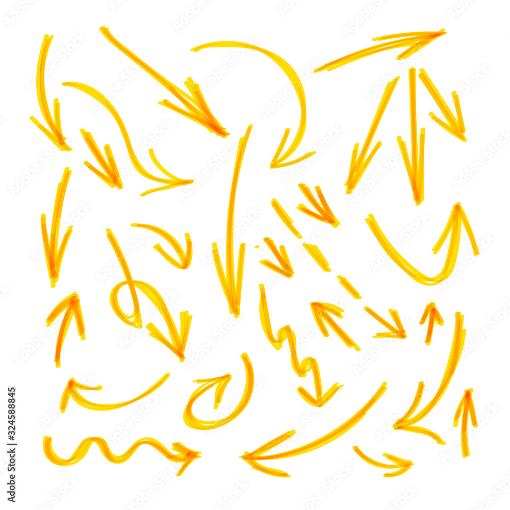 Vector drawing by yellow highlighter arrows set isolated on white background, design elements. Vector drawing by yellow highlighter arrows set isolated on white background, design elements.
