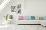 Modern living room in white color with sofa. Scandinavian interior design. 3D illustration