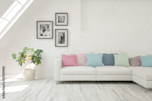 Modern living room in white color with sofa. Scandinavian interior design. 3D illustration © AntonSh