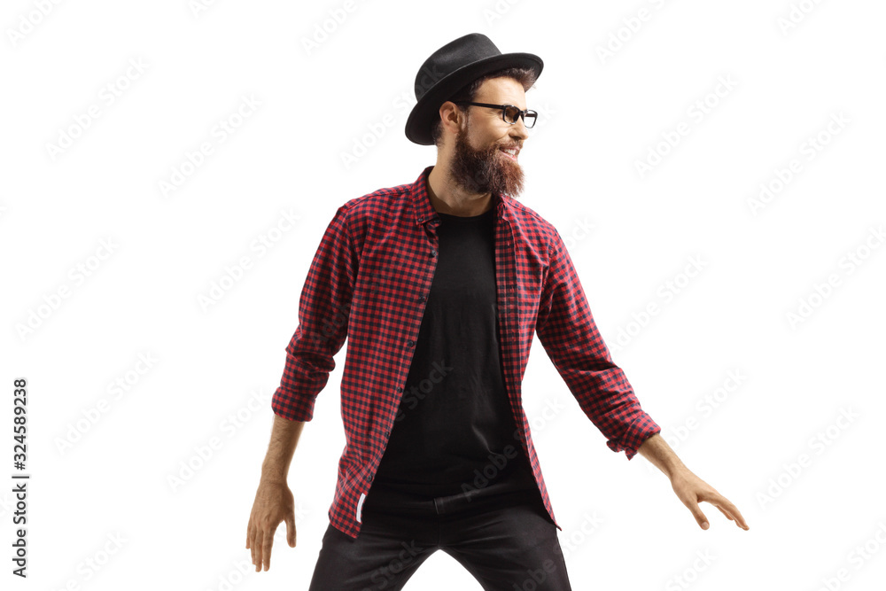 Man with a fedora hat smiling and looking to one side Man with a fedora hat smiling and looking to one side