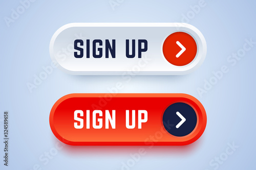 Sign up buttons in 3d style with arrow sign. Red and white buttons to follow and subscribe to news or service. Vector illustration.