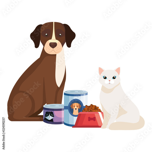 cat and dog with food for animals vector illustration design