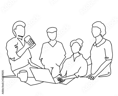 Group of workers discussing at office. Character concept with computer ond coffee. Men and women at work doing brainstorm. Teamwork concept. Line art vector