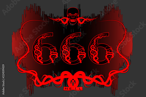 Poster black and red abstract pattern stylistic branches with a skull and numbers 666 EPS10 photo