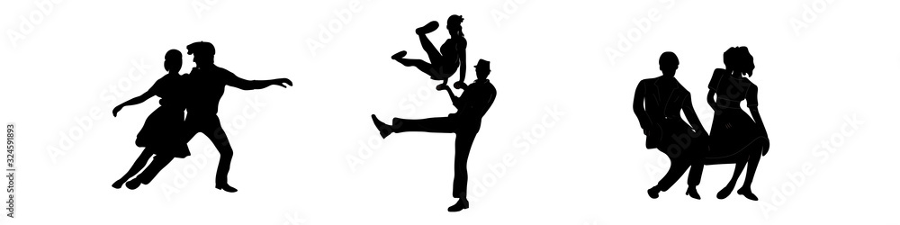 Set dancing couples silhouettes on white background. People in 1940s or 1950s style. Men and women on swing, jazz, lindy hop or boogie woogie party. Vector illustration.