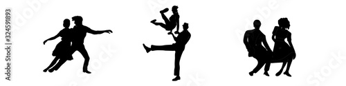 Set dancing couples silhouettes on white background. People in 1940s or 1950s style. Men and women on swing, jazz, lindy hop or boogie woogie party. Vector illustration.