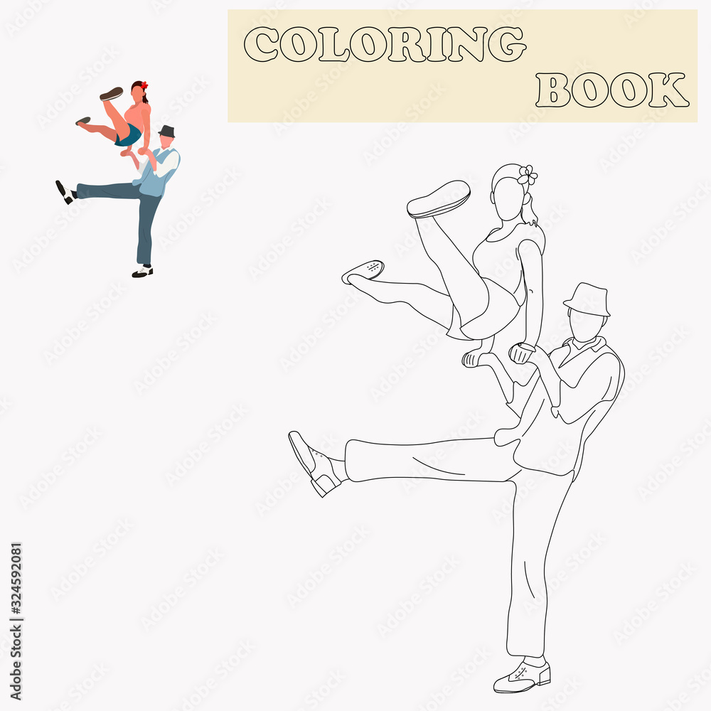 Coloring book or page cartoon of dancing people for kids. Cute colorful cartoon dancers as an example for coloring book. Practice worksheet for preschool and kindergarten. Vector illustration