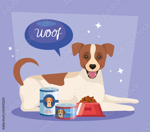 cute dog with dish and cans of food vector illustration design