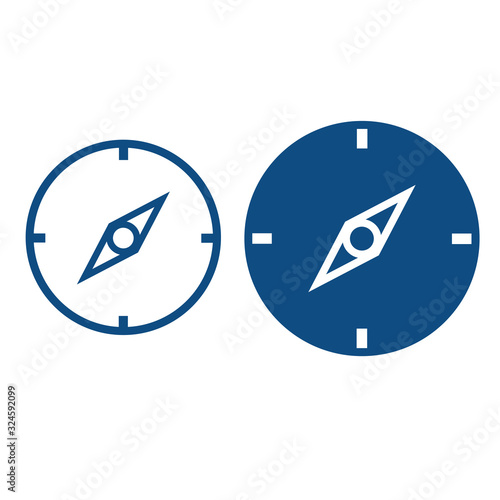 Simple compass with arrow. Option in a circle and without it. Vector blue icons.