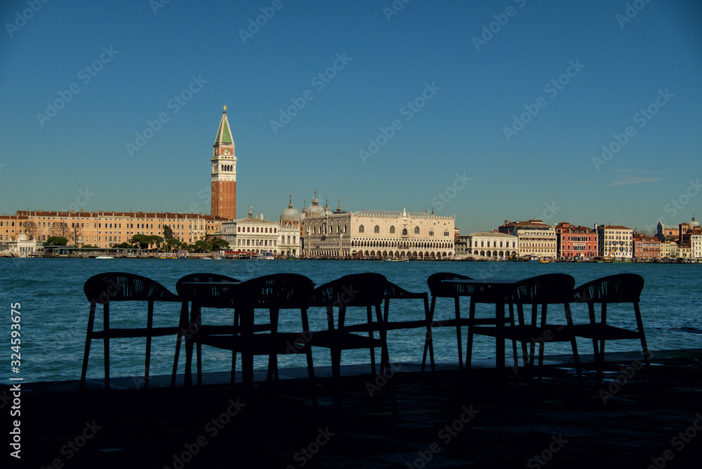 Venice, ITALY – FEBRUARY 6, 2020: Piazza San Marco and Doge's Palace seen from the Giudecca island