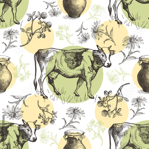 Seamless pattern with cows, earthen jar and camomiles. Sketch graphics.