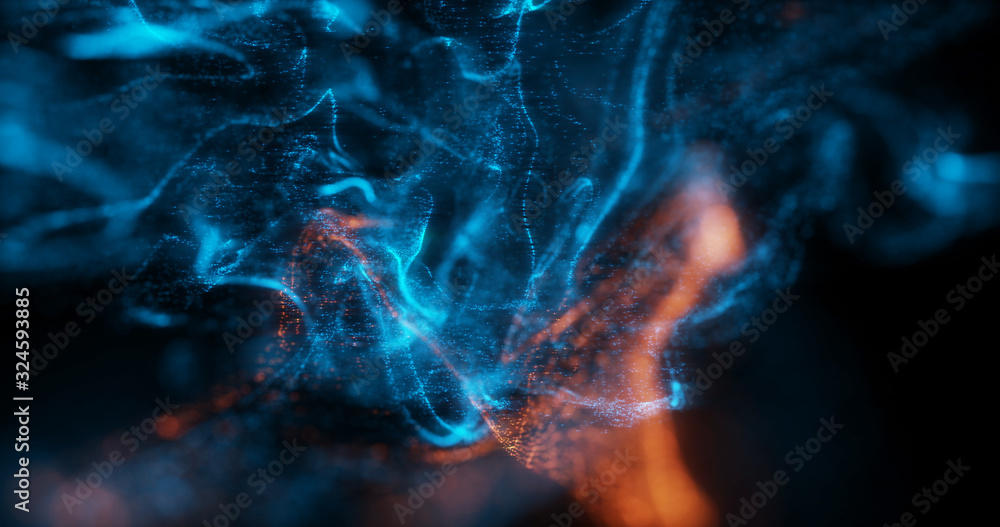 Abstract Macro shot of Blue and Orange Particle Fluid isolated on black. paint drops mixing in water. Ink swirling underwater. Colored cloud abstract smoke explosion animation. 3D render	