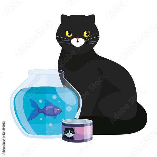 cute cat black with round glass fish bowl vector illustration design