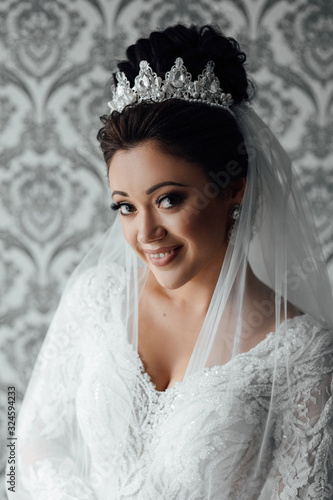  Gorgeous female bride. Beautiful bride with makeup and hair style. Sexy bride posing in luxury interior. Wedding morning of the bride. Newlywed woman final preparation for wedding