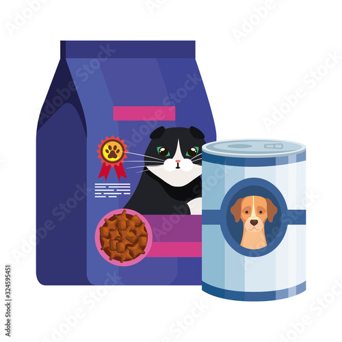 food for cat in bag and food dog in can vector illustration design