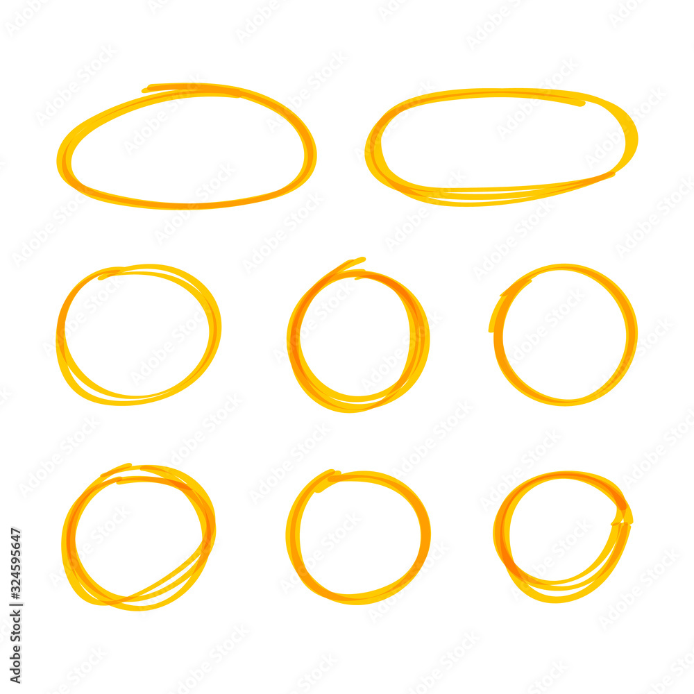 Vector hand drawn by a yellow highlighter circles isolated on white background, elements set. Vector hand drawn by a yellow highlighter circles isolated on white background, elements set.