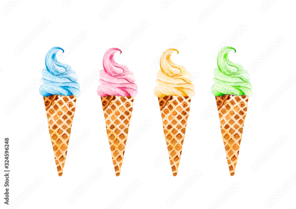Colorful watercolor ice cream cones
