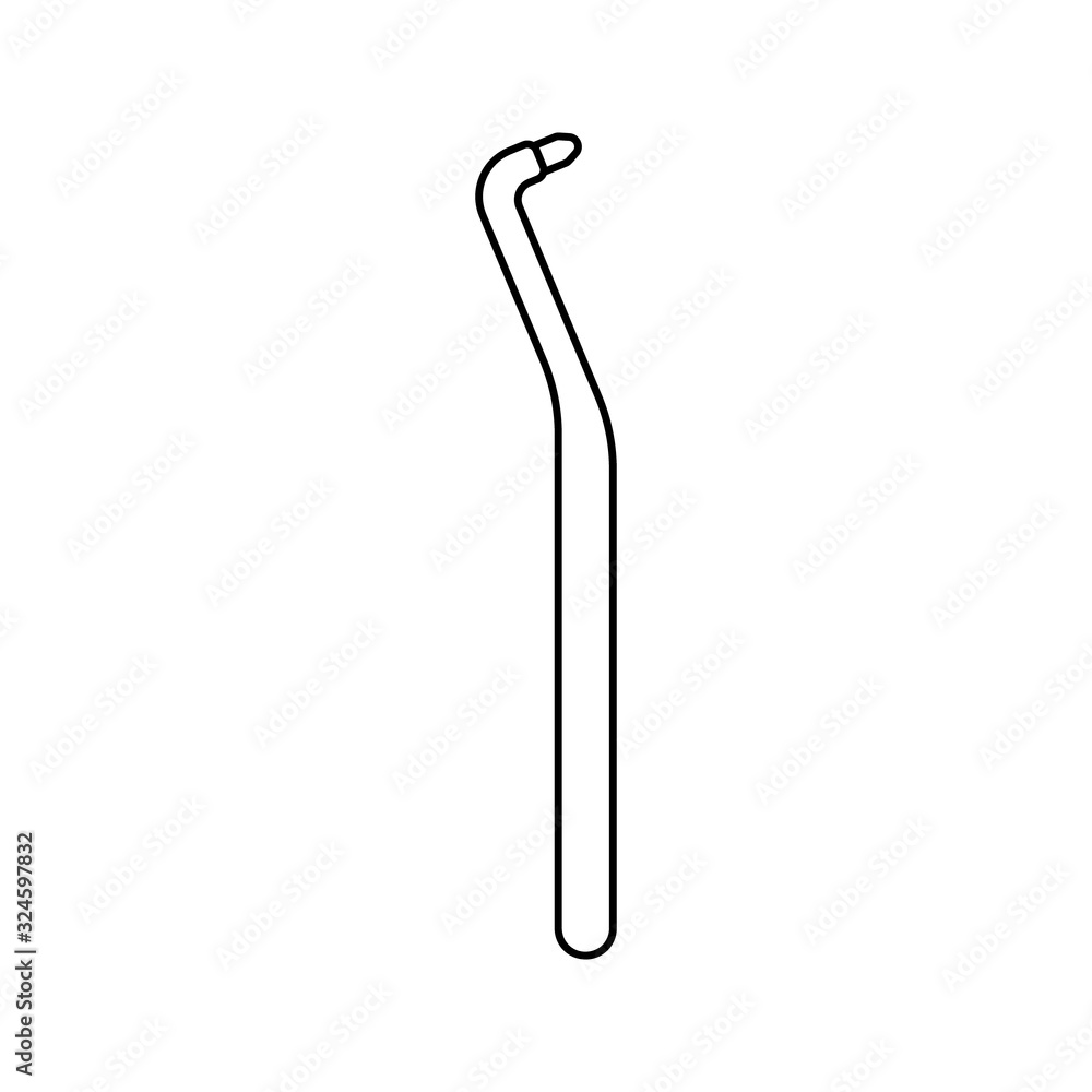 Curved interdental Toothbrush with single tuft. Linear icon of monotuft brush with small head. Illustration for cleaning implants, crowns, dental braces. Contour isolated vector on white background