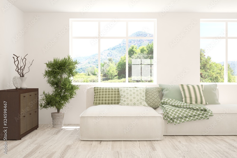 Fototapeta premium Minimalist living room in white color with sofa and summer landscape in window. Scandinavian interior design. 3D illustration