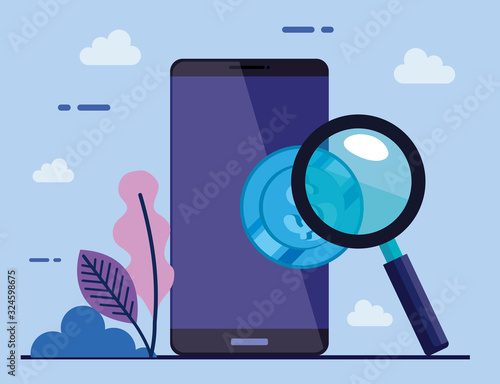 smartphone device with coin and magnifying glass vector illustration design