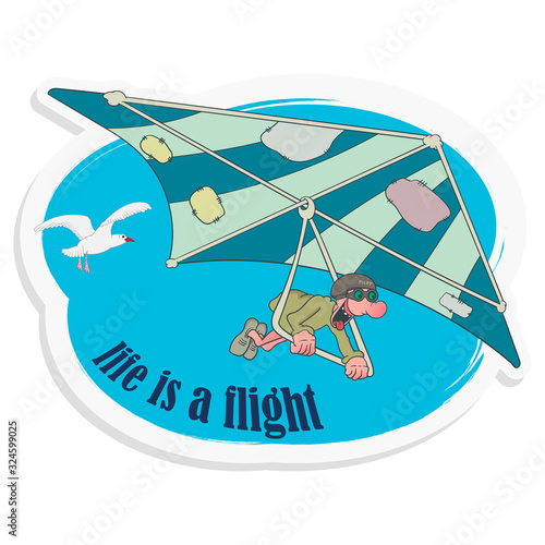 Cartoon man flies on a hang glider with his mouth wide open. Vector illustration in the form of a color sticker.