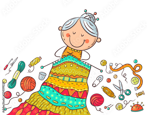 Granny knitting, crafting or handmade concept, cartoon illustration