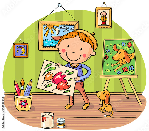 Little painter with his puppy and pictures