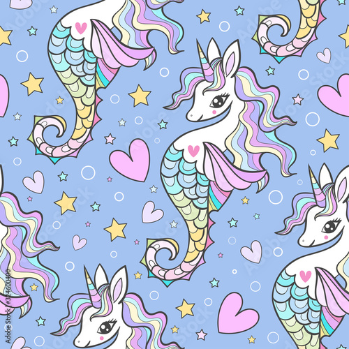 Seamless marine pattern. Seahorses, unicorns with a rainbow mane on a blue background. Vector