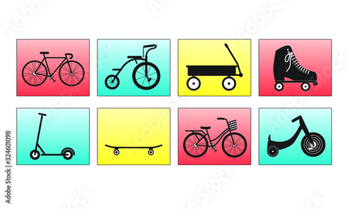 Bicycle Icons Set, with tricycle, wagon, roller skates, scooter, skateboard, big wheel, black on color background