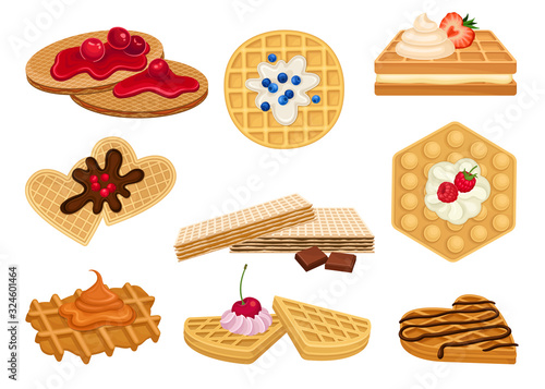 Different Waffles with Textured Surface and Sweet Chocolate and Berry Topping Vector Set