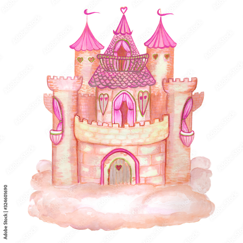 Peach colored princess magic castle. Hand drawn watercolor pink and violet  fairytale castle on the cloud. Isolated on white. Kids illustration. Stock  Illustration | Adobe Stock