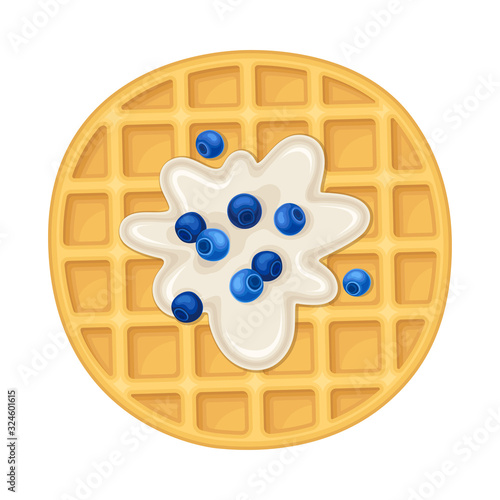 Rounded Waffles with Textured Surface and Creamy Topping with Blueberries Vector Illustration