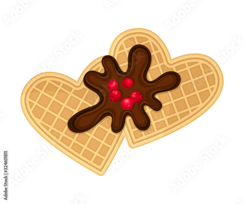 Heart Shaped Waffles with Textured Surface and Sweet Chocolate Topping with Cranberry Vector Illustration
