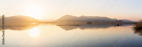 Man Sagar Lake with Jal Mahal water palace  panoramic view  Japur  India