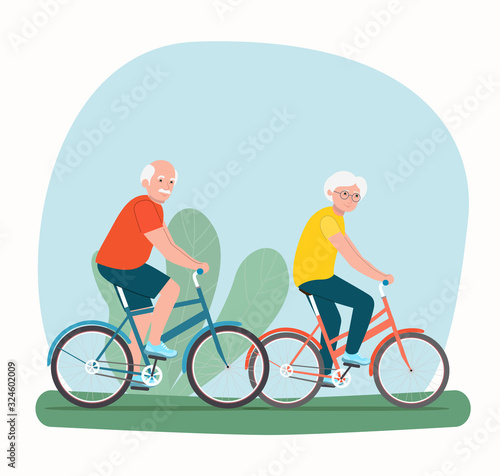 Grandfather and grandmother riding a bicycle isolated. Vector flat style illustration
