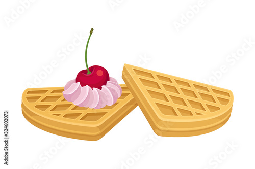 Heart Shaped Waffles with Textured Surface and Sweet Whipped Cream Topping Side View Vector Illustration