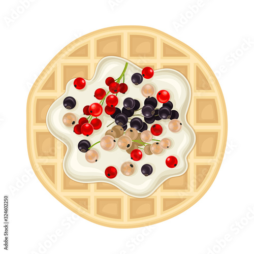 Rounded Waffle with Textured Surface and Creamy Topping with Berries Top View Vector Illustration