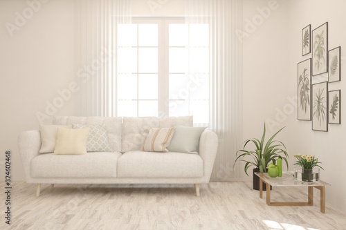 Modern living room in white color with sofa. Scandinavian interior design. 3D illustration