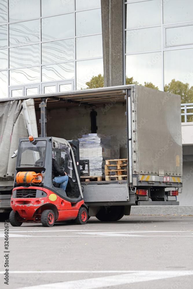 Forklift Loading Truck Cargo Pallets Stock Photo | Adobe Stock